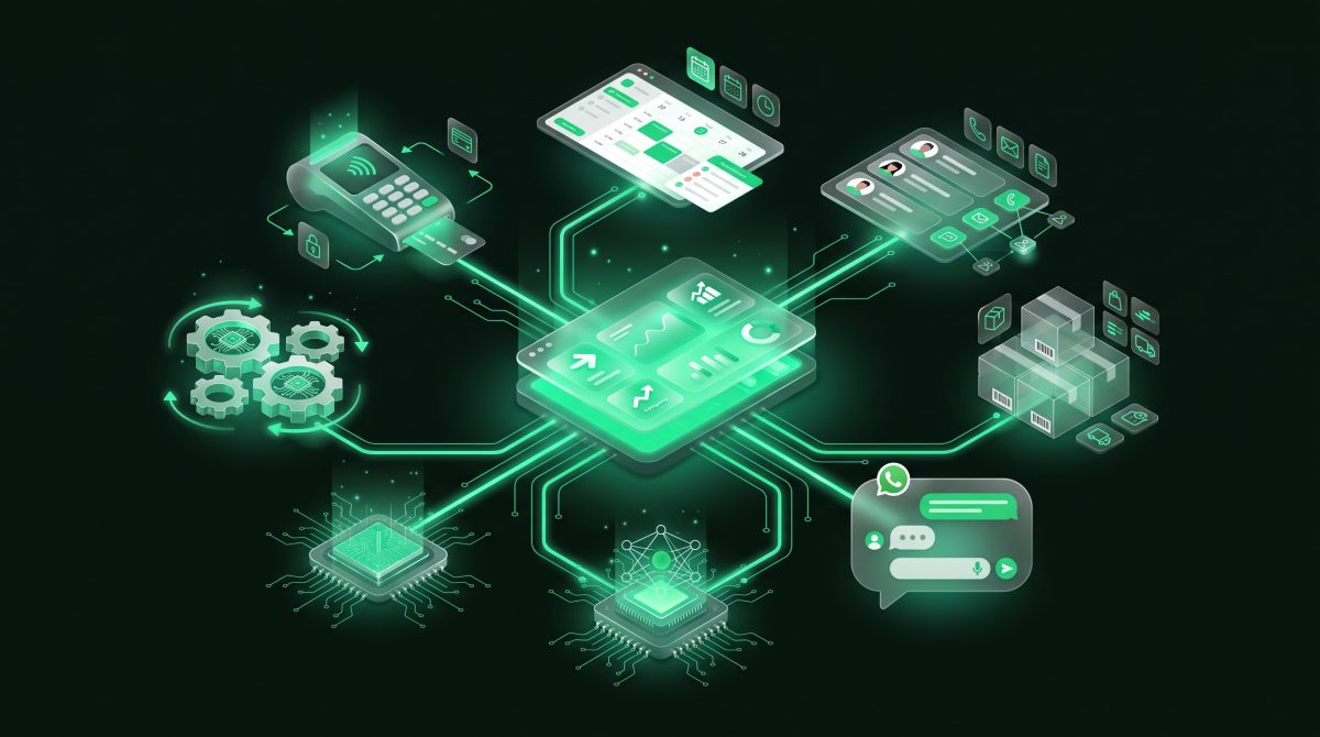 Ilustración de un ecosistema de software a la medida: panel central conectado a pagos en línea, reservaciones, CRM, inventario, chat y automatizaciones con IA