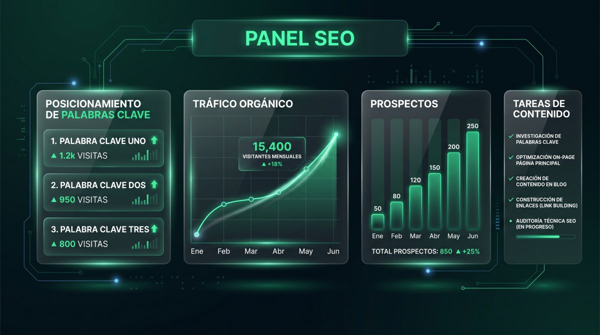 Panel de seguimiento SEO con posiciones de palabras clave, evolución del tráfico orgánico, prospectos generados y las tareas de contenido del mes.