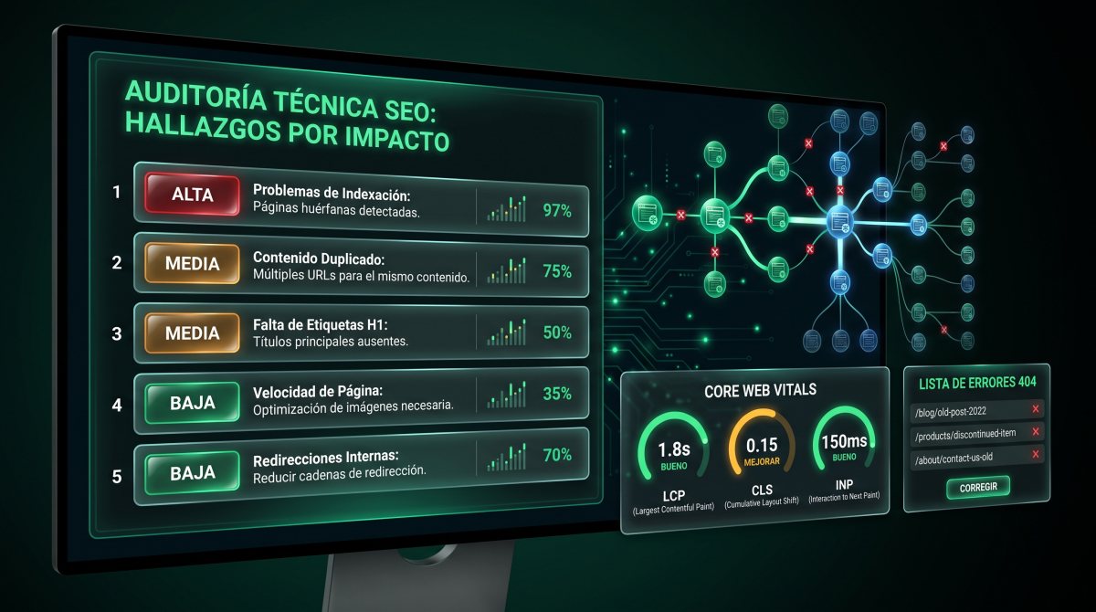Informe de auditoría técnica SEO con hallazgos clasificados por impacto alta, media y baja, diagrama de rastreo del sitio, medidores de Core Web Vitals y lista de errores 404.