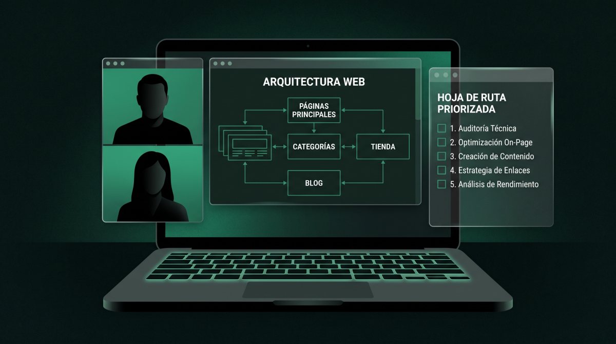 Sesión de consultoría por videollamada con un diagrama de arquitectura web compartido en pantalla y una hoja de ruta priorizada al lado.