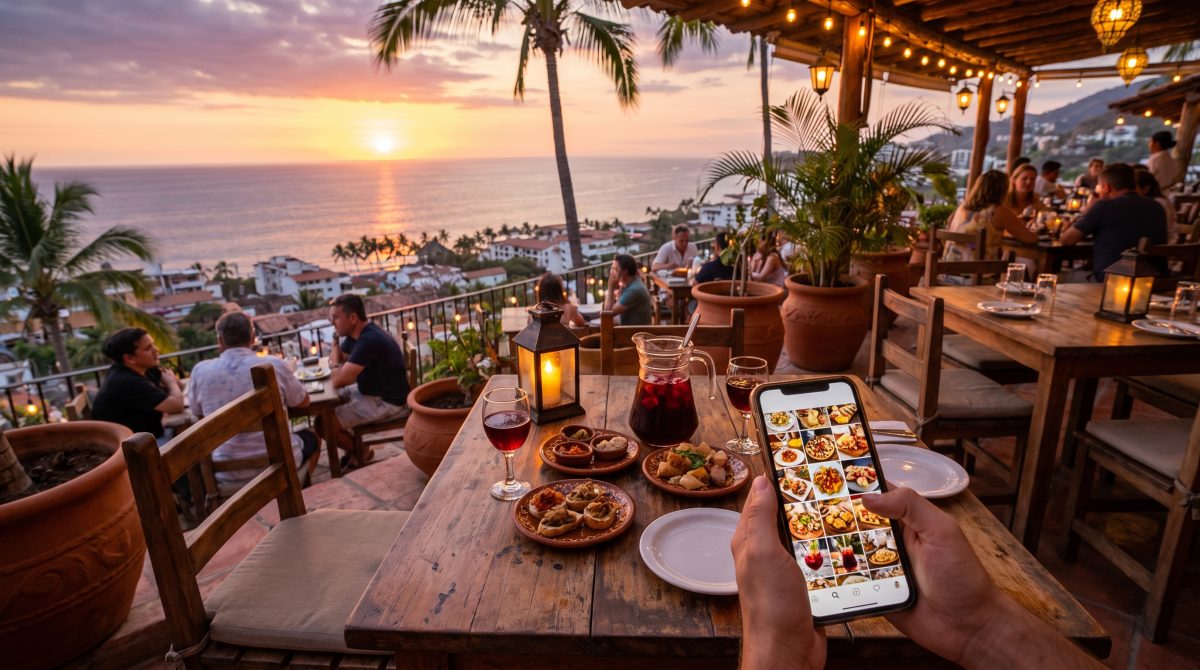 Terraza de restaurante en Puerto Vallarta al atardecer frente al mar, con un comensal consultando en su celular un menú digital con fotos de los platillos.