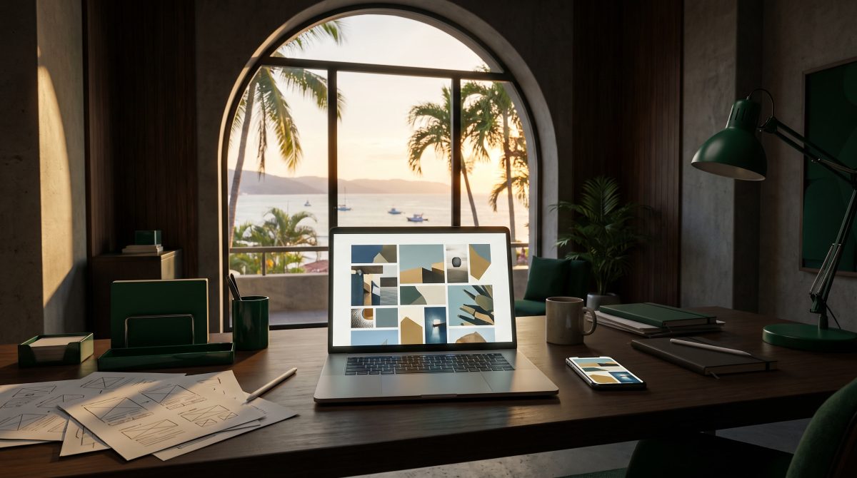 Estudio de diseño web en Puerto Vallarta con vista a la bahía: laptop y celular mostrando el diseño de un sitio moderno junto a bocetos de estructura en papel.