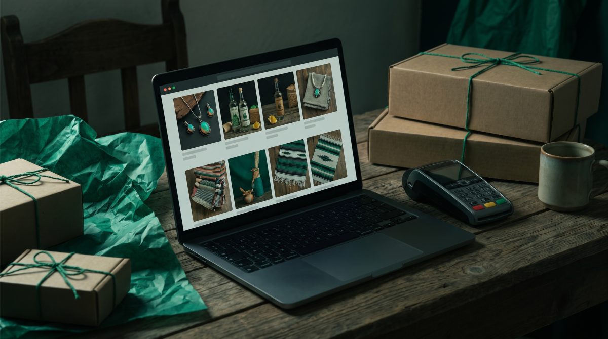 Laptop con una tienda en línea de productos artesanales mexicanos —joyería de ópalo y botellas de mezcal— junto a cajas de envío y una terminal de pago.