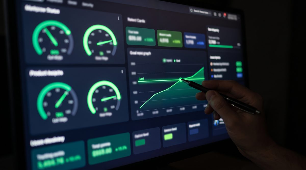Monitor con un tablero de indicadores clave, medidores de meta y una gráfica que cruza la línea objetivo, con una mano señalando con una pluma.