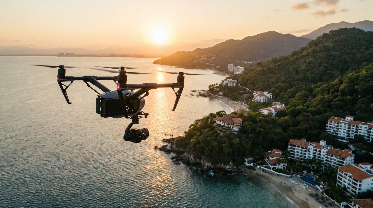 Dron profesional volando sobre la costa de Puerto Vallarta a la hora dorada, con la Bahía de Banderas, la sierra verde y edificios blancos junto al mar.