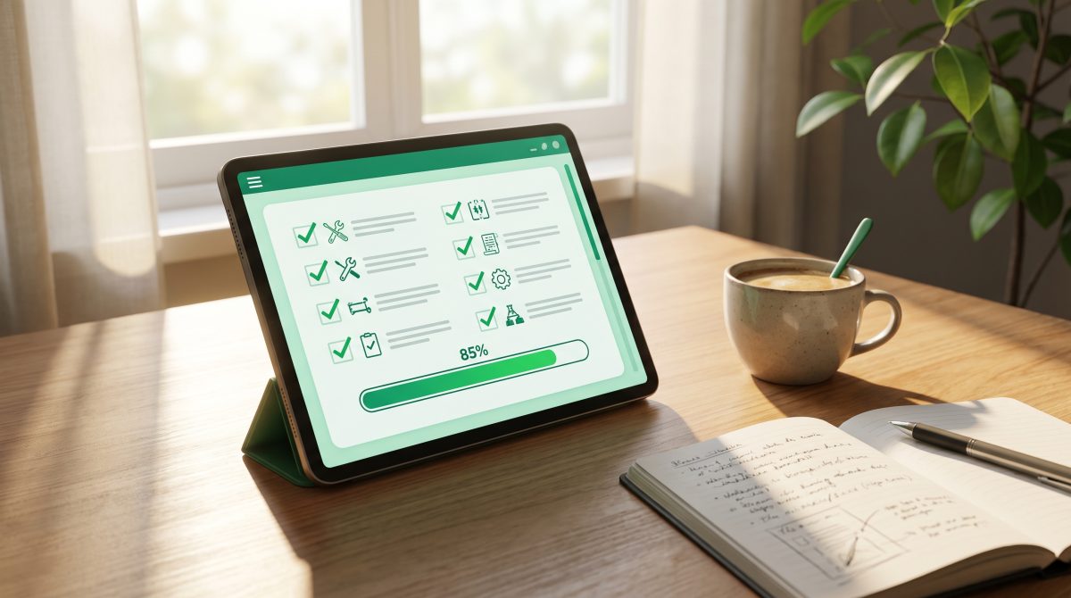 Tablet sobre un escritorio con una lista de mantenimiento marcada en verde y una barra de progreso de actualizaciones, junto a una taza de café.
