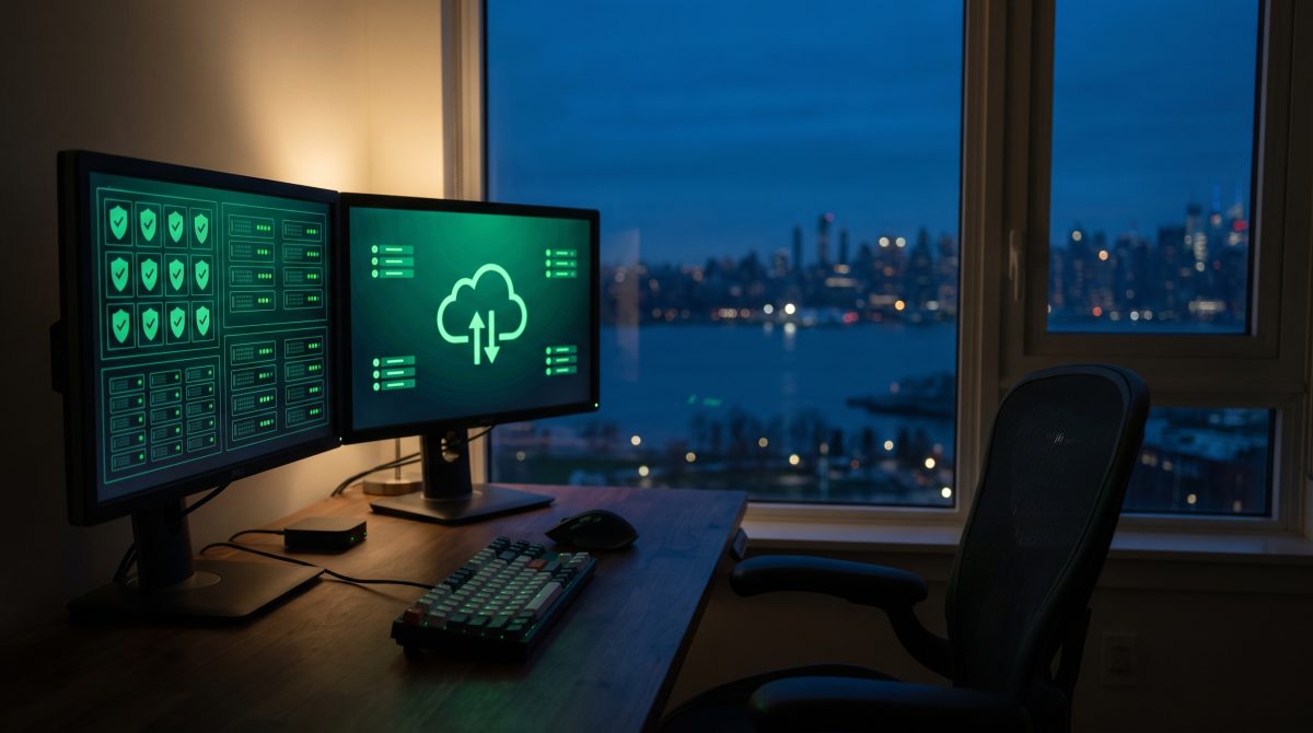 Estación de trabajo de webmaster con dos monitores que muestran un tablero de seguridad y disponibilidad del sitio con indicadores en verde y respaldos en la nube.