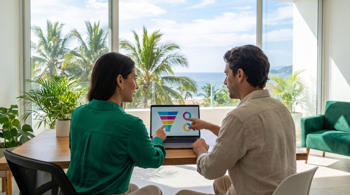 Estratega de marketing digital mostrando a una dueña de negocio un embudo y gráficas de analítica en una laptop, en una oficina con palmeras en Puerto Vallarta.
