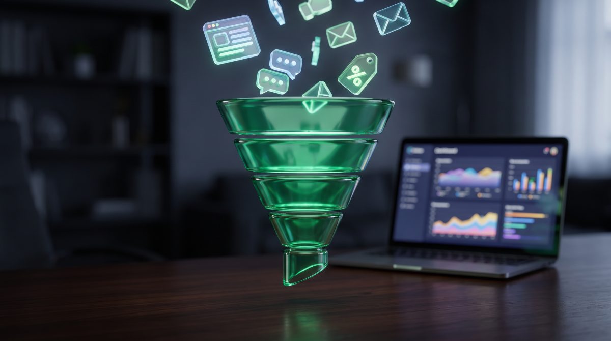 Embudo de marketing tridimensional de cristal verde esmeralda flotando sobre un escritorio oscuro, con iconos de sitio web, redes y mensajes entrando en él.