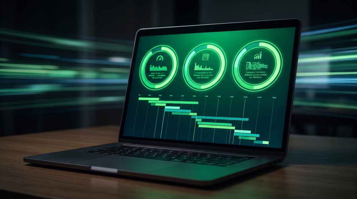 Laptop con un reporte de rendimiento web: tres indicadores circulares en verde y una gráfica de carga, con estelas de luz que sugieren velocidad.