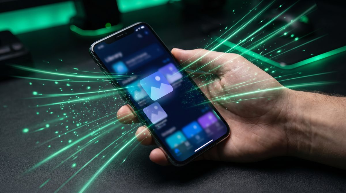 Celular en la mano cargando un sitio web al instante, con estelas de luz verde que salen de la pantalla para transmitir velocidad.