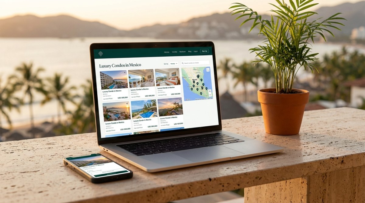 Real estate website connected to Flexmls showing a property search with map on a laptop and phone overlooking Puerto Vallarta bay