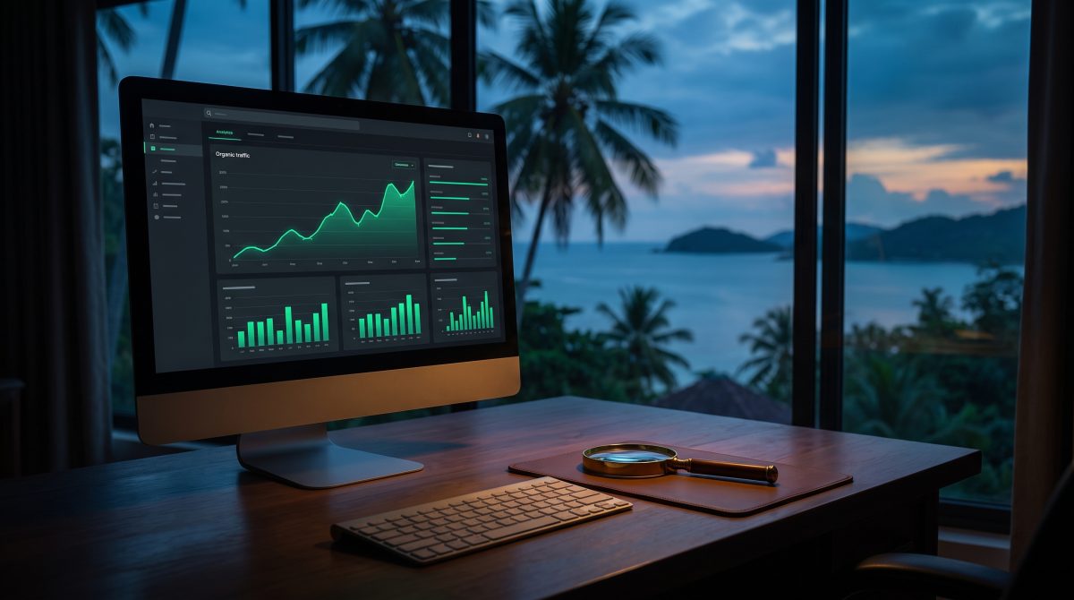 Monitor con un tablero de analítica donde el tráfico orgánico sube de forma constante, una lupa sobre el escritorio y la bahía al atardecer por la ventana.