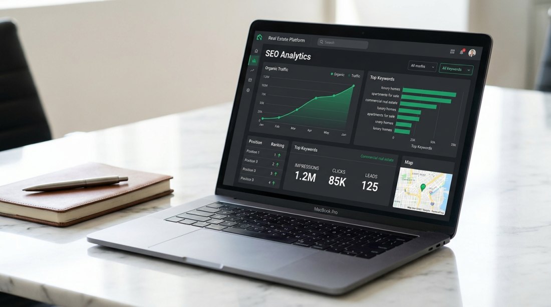 SEO analytics dashboard for a real estate website with a rising organic traffic chart, ranking keywords, impressions, clicks and leads