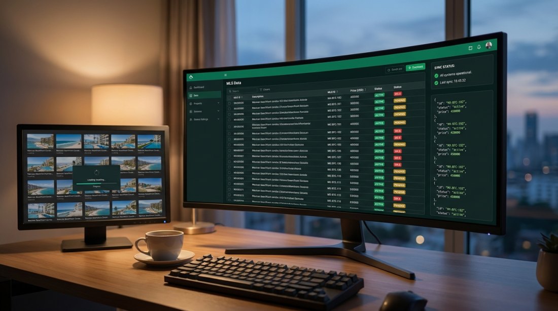 MLS feed sync dashboard showing listings with MLS ID, USD prices, active and sold status badges and the raw Flexmls API response