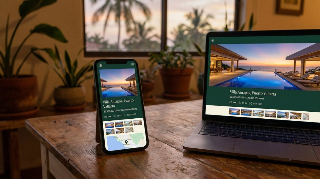 Property listing page on laptop and phone with photo gallery, price in USD and MXN, beds, baths, square footage and a location map
