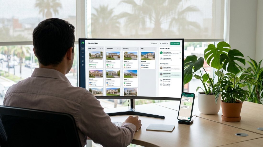 Real estate agent reviewing a CRM pipeline of property leads, each card tagged with the listing and the source: WhatsApp, web form or campaign