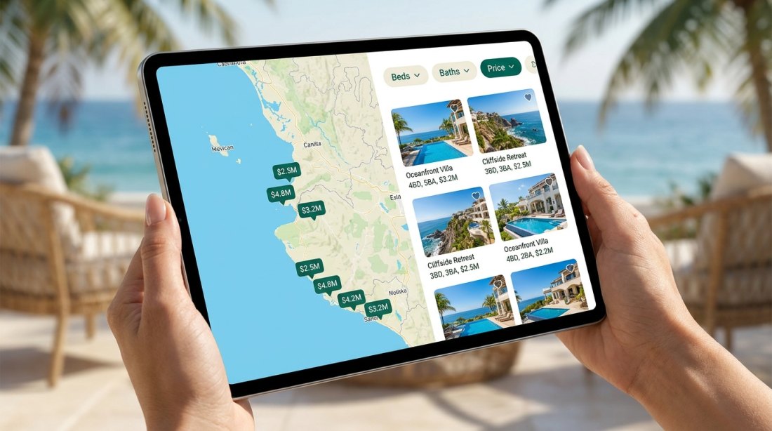 Real estate portal on a tablet showing a bay map covered in price pins beside a grid of property cards with filters for beds, baths and price