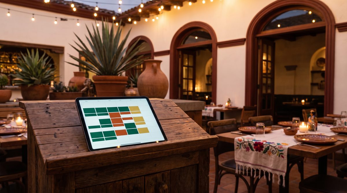 Tablet en el atril de recepción de un restaurante mexicano mostrando un calendario de reservaciones, con el comedor al fondo.