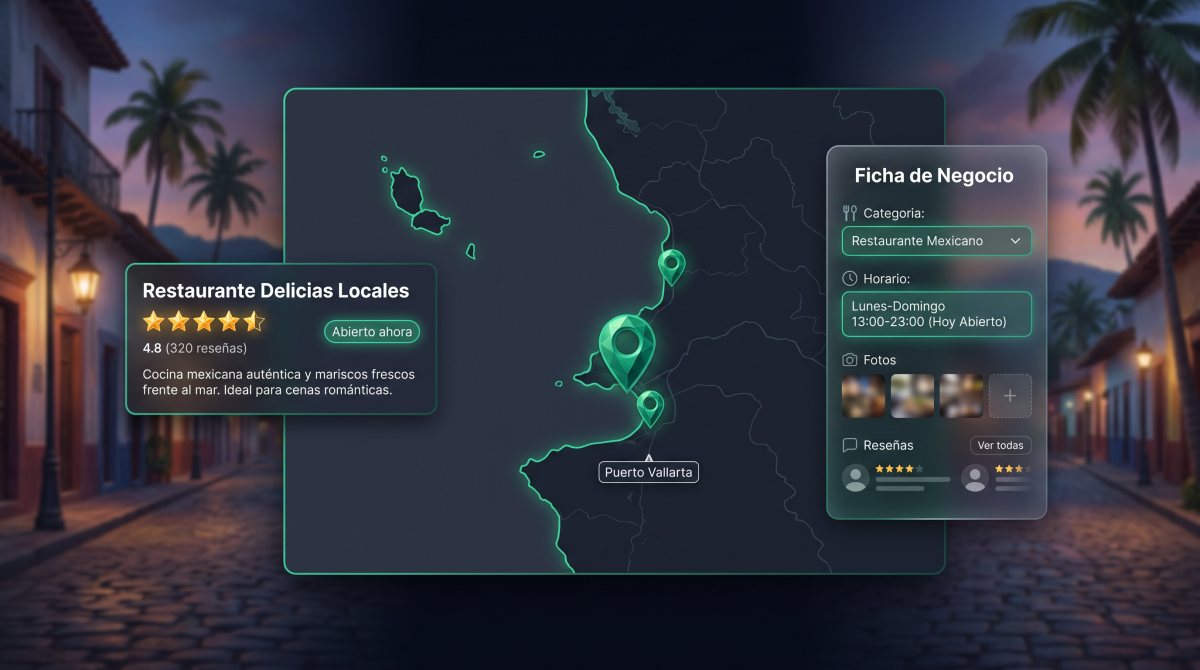 Resultado local en el mapa de Puerto Vallarta con pines de ubicación, ficha del negocio con reseñas y el editor del perfil de empresa con categoría, horario y fotos.
