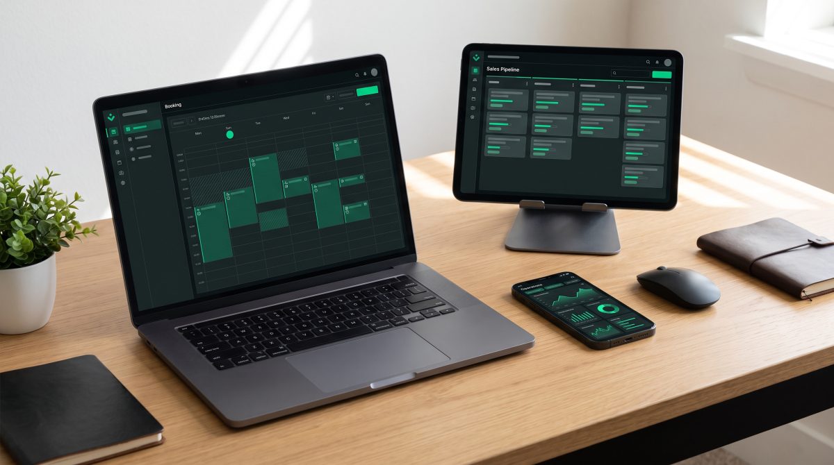 Software a la medida en laptop, tablet y celular: calendario de reservaciones, tablero de ventas por etapas y panel de operación con interfaz oscura.