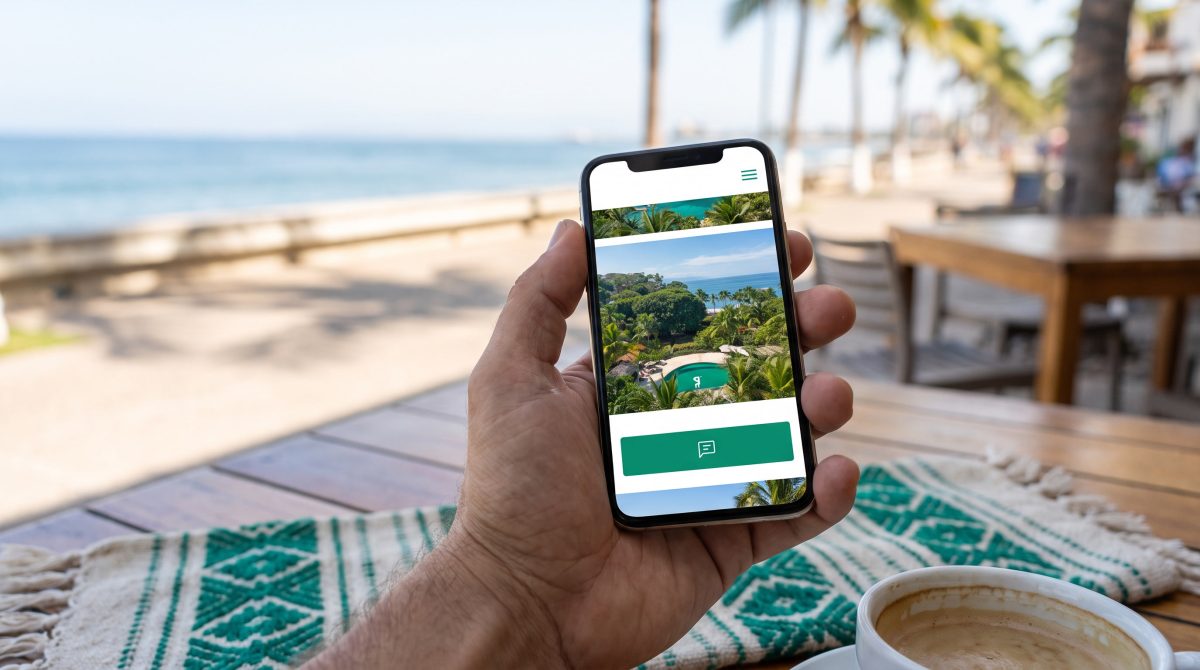 Mano sosteniendo un celular con un sitio web móvil de fotos grandes y botón verde de contacto, en una terraza frente al malecón de Puerto Vallarta.